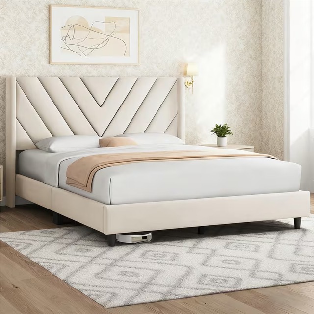 Velvet Upholstered Platform Bed Frame — Queen