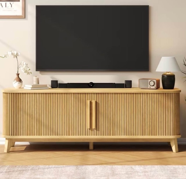 66" Curved TV Stand with Sliding Doors — Oak