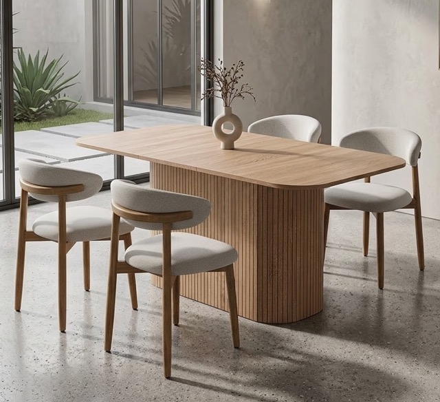 5-Piece Dining Set — 63" Woodgrain Table + 4 Grey Fabric Chairs
