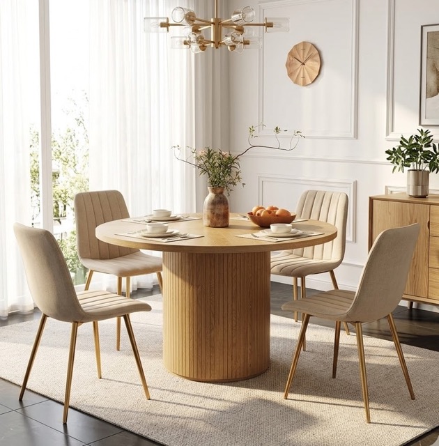 5-Piece Dining Set — Round Natural Table + 4 Linen Minimalist Chairs