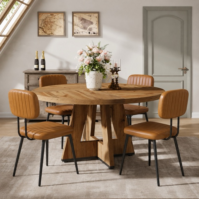 5-Piece Dining Set — Round Farmhouse Table + 4 High-Back Brown Chairs