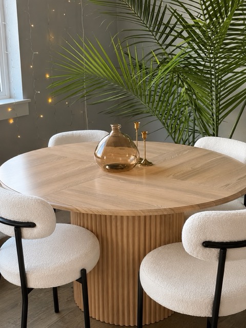 5-Piece Dining Set — Round Natural Table + 4 Beige Boucle Chairs