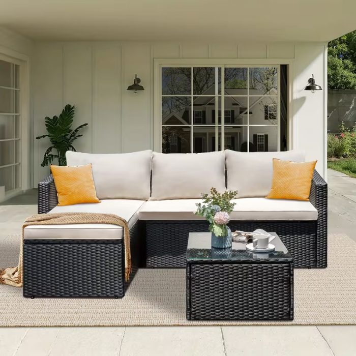 3-Piece Outdoor Wicker Patio Sectional Set — Beige